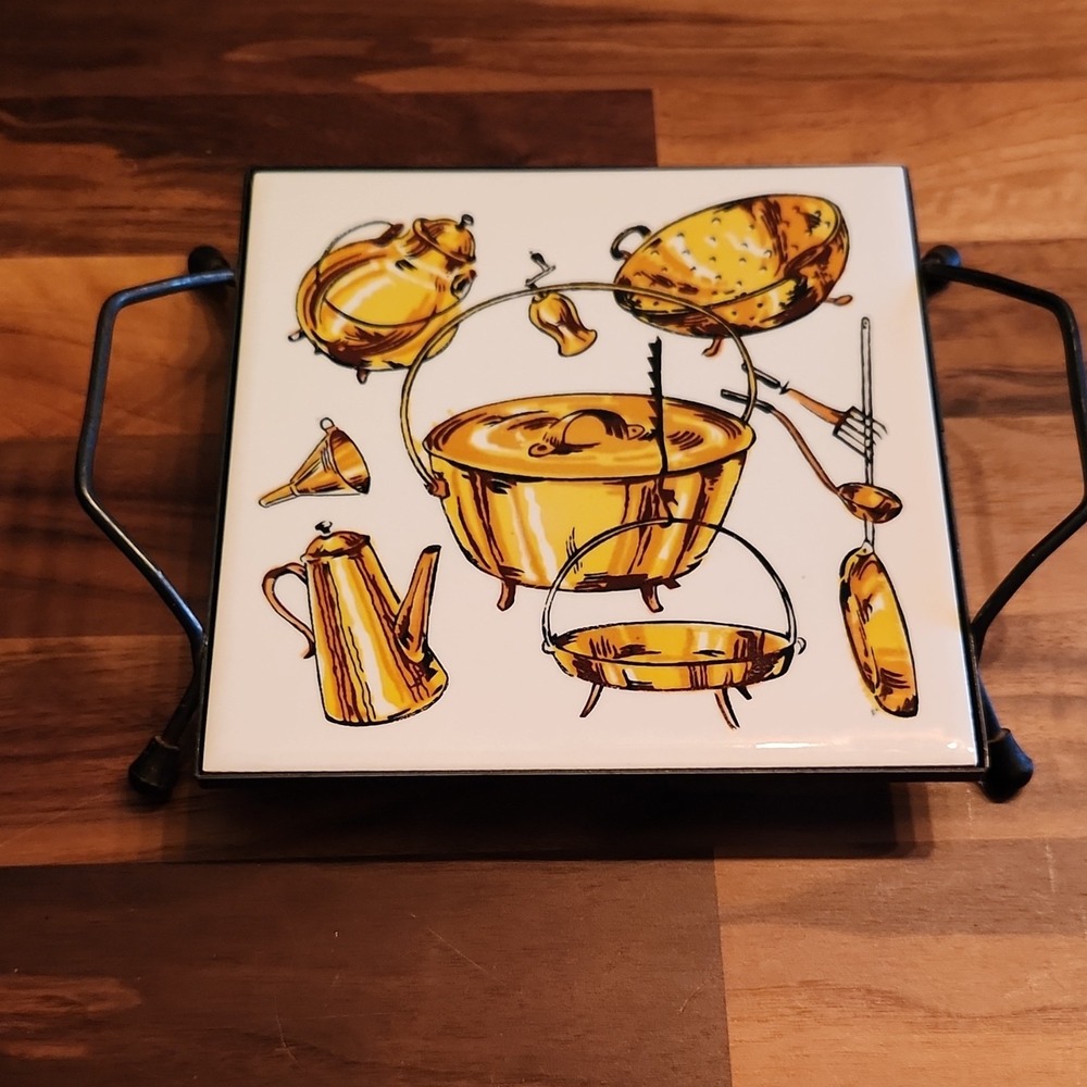 VTG MCM 1970s Ceramic & Metal Square Kitchen Trivet Wall Hanging Hot Plate